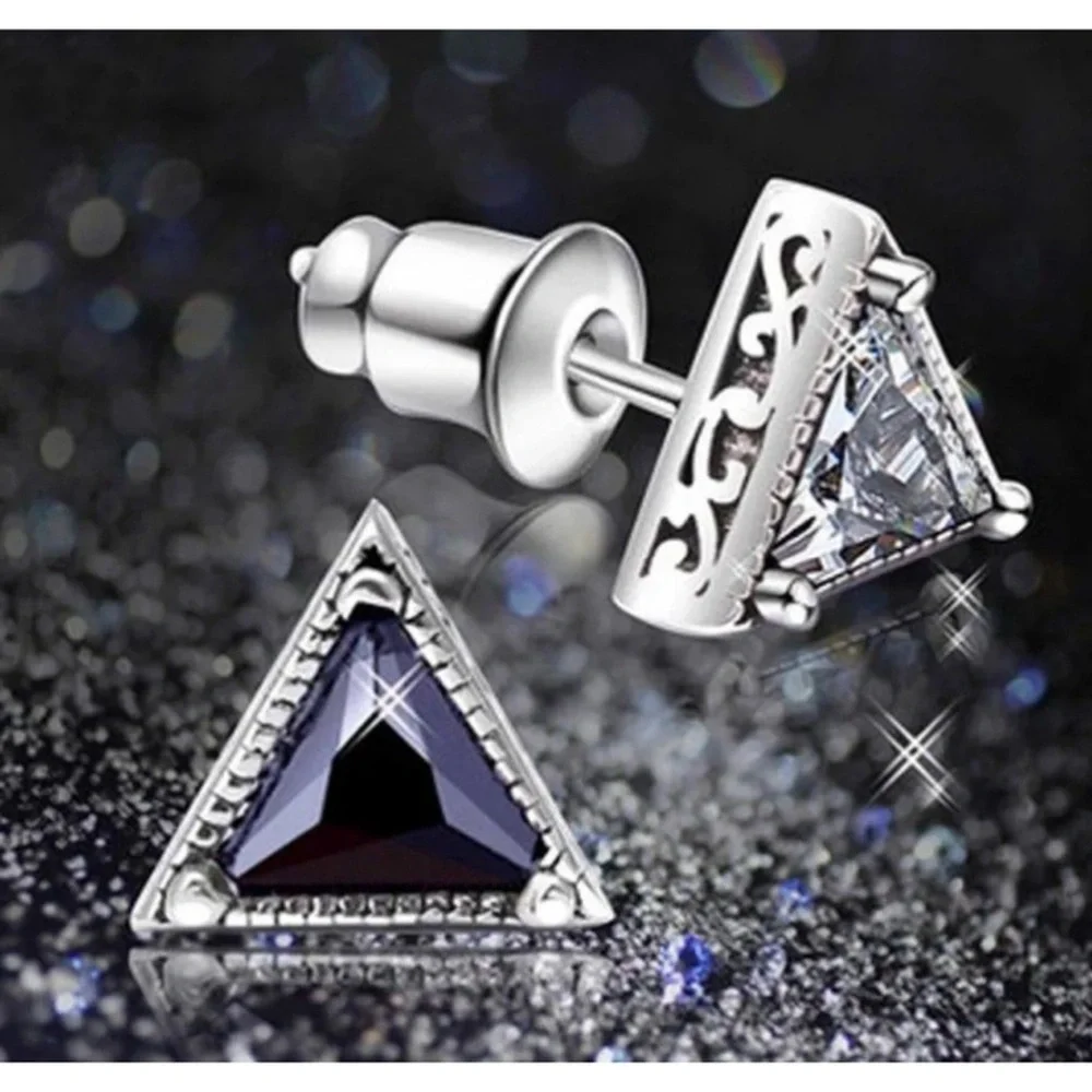NEW Unisex Triangle Simulated‎ Diamond 925 Silver Stud Earrings